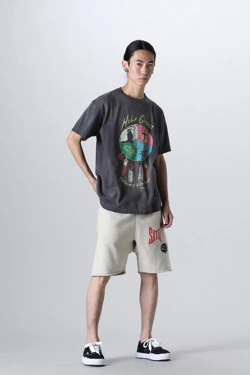 SAINT Mxxxxxx 'SAINT' SWEAT SHORTS/GRY/BLK embroidered SAINT LOGO basic shorts, distressed gray/washed black S-XL, four needles and six threads throughout, produced by a major domestic factory, imported Tajima machine embroidery, washed and distressed, original version